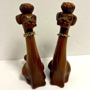 Two Vintage MCM Faux Wood Long Neck Poodle Dog Figurine Green Rhinestone Eyes 8”